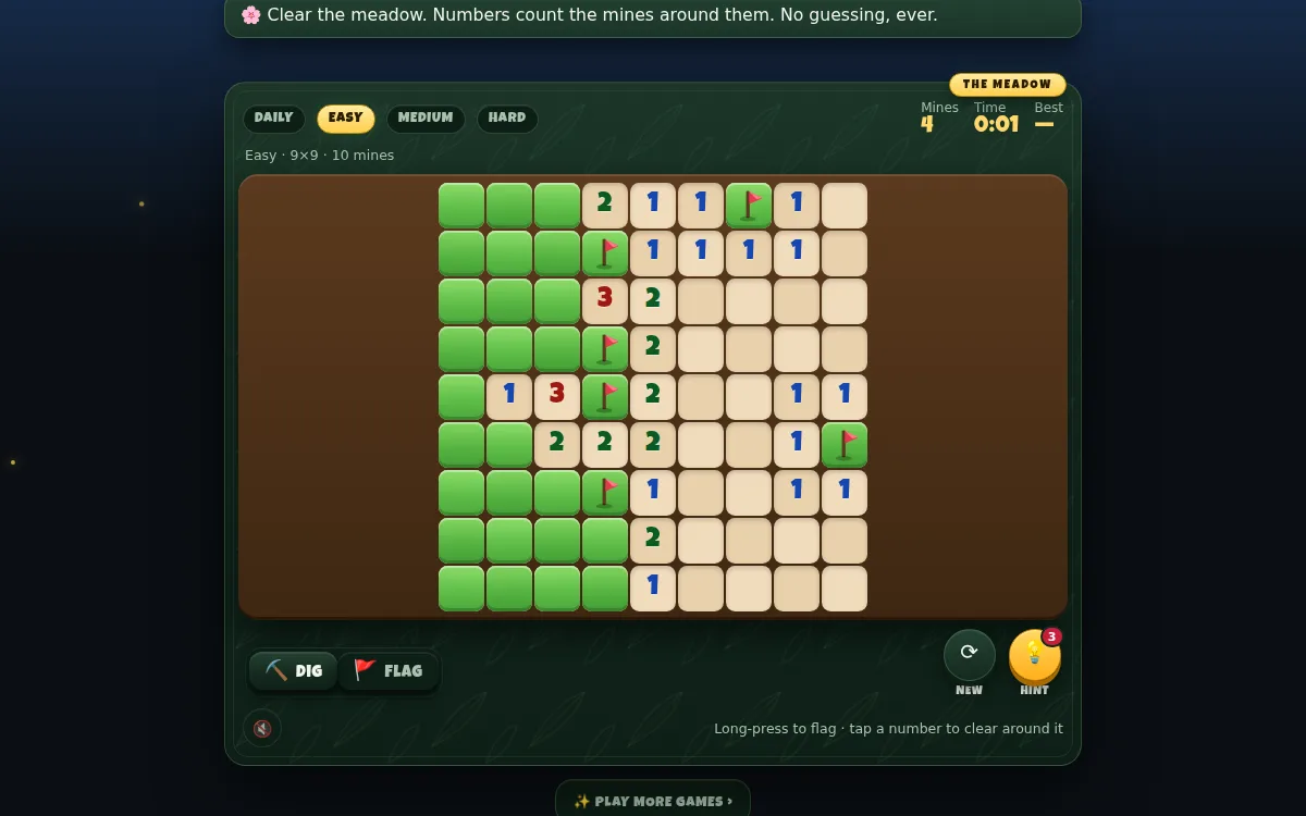 MineGlyph no-guess minesweeper screen